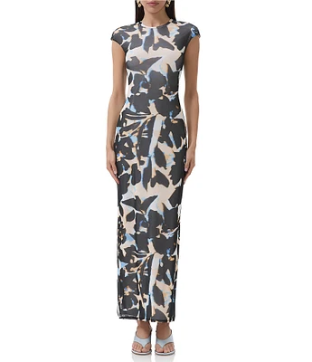 AFRM Cody Floral Mesh Crew Neck Cap Sleeves Maxi Dress