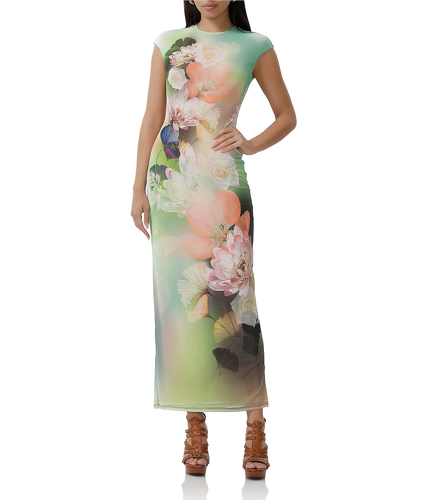 AFRM Cody Floral Placement Print Mesh Crew Neck Cap Sleeve Maxi Dress