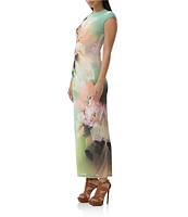AFRM Cody Floral Placement Print Mesh Crew Neck Cap Sleeve Maxi Dress