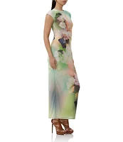 AFRM Cody Floral Placement Print Mesh Crew Neck Cap Sleeve Maxi Dress
