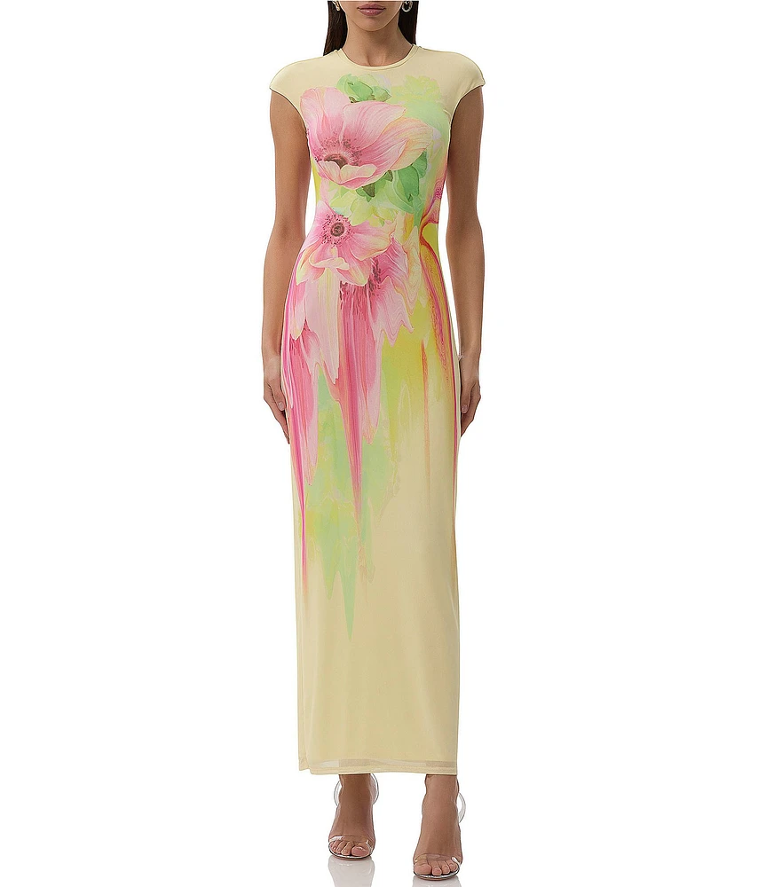 AFRM Cody Floral Print Crew Neck Cap Sleeve Mesh Maxi Dress