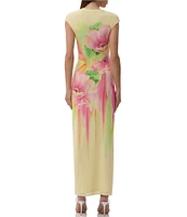 AFRM Cody Floral Print Crew Neck Cap Sleeve Mesh Maxi Dress