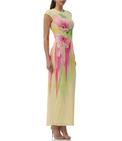 AFRM Cody Floral Print Crew Neck Cap Sleeve Mesh Maxi Dress