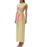 AFRM Cody Floral Print Crew Neck Cap Sleeve Mesh Maxi Dress