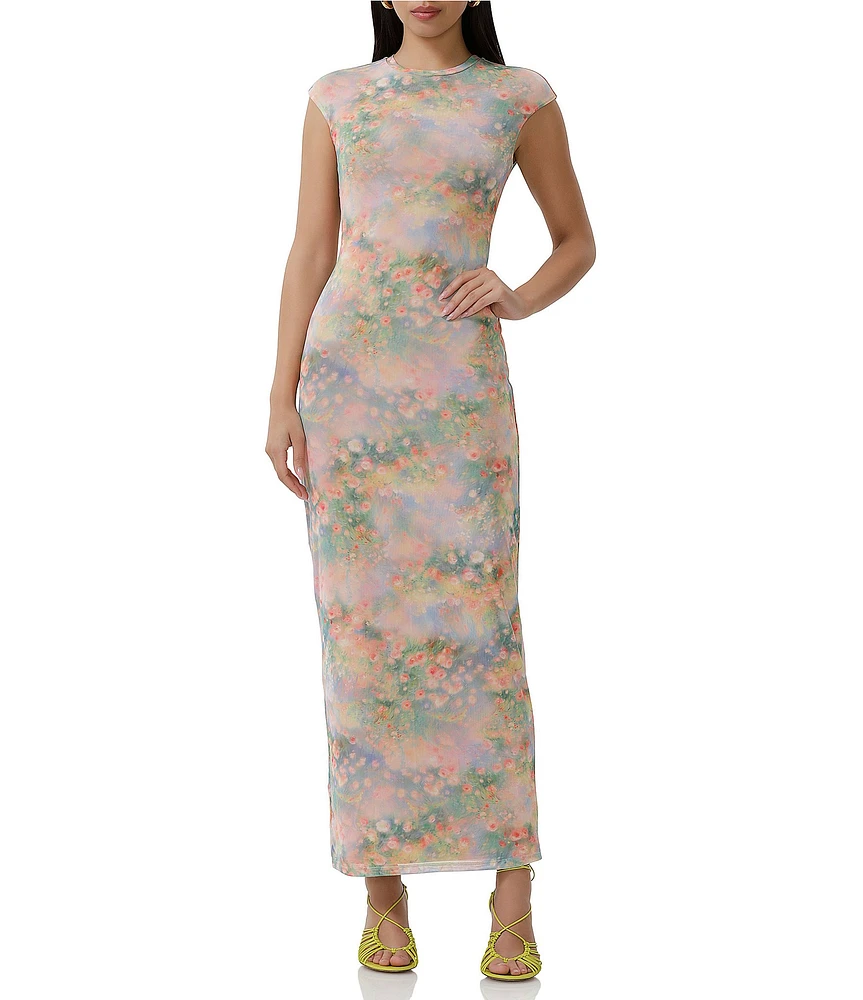 AFRM Cody Floral Print Mesh Crew Neck Cap Sleeve Maxi Dress