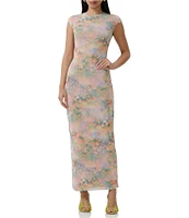 AFRM Cody Floral Print Mesh Crew Neck Cap Sleeve Maxi Dress