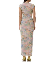 AFRM Cody Floral Print Mesh Crew Neck Cap Sleeve Maxi Dress