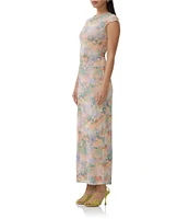 AFRM Cody Floral Print Mesh Crew Neck Cap Sleeve Maxi Dress
