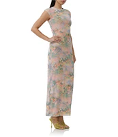 AFRM Cody Floral Print Mesh Crew Neck Cap Sleeve Maxi Dress