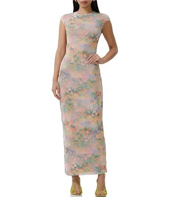 AFRM Cody Floral Print Mesh Crew Neck Cap Sleeve Maxi Dress