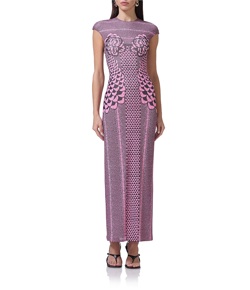 AFRM Cody Petal Print Mesh Crew Neck Cap Sleeve Dress
