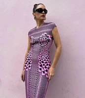 AFRM Cody Petal Print Mesh Crew Neck Cap Sleeve Dress