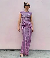 AFRM Cody Petal Print Mesh Crew Neck Cap Sleeve Dress