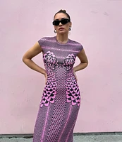 AFRM Cody Petal Print Mesh Crew Neck Cap Sleeve Dress