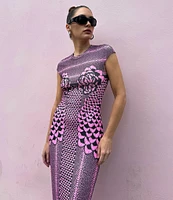 AFRM Cody Petal Print Mesh Crew Neck Cap Sleeve Dress