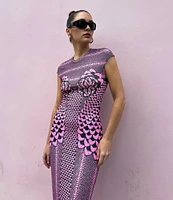 AFRM Cody Petal Print Mesh Crew Neck Cap Sleeve Dress