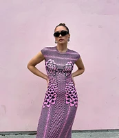 AFRM Cody Petal Print Mesh Crew Neck Cap Sleeve Dress