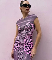 AFRM Cody Petal Print Mesh Crew Neck Cap Sleeve Dress