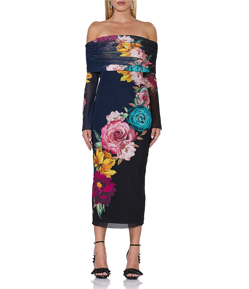 AFRM Cornelia Mesh Floral Print Off-The-Shoulder Neck Long Sleeve Bodycon Midi Dress