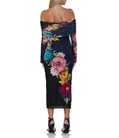 AFRM Cornelia Mesh Floral Print Off-The-Shoulder Neck Long Sleeve Bodycon Midi Dress