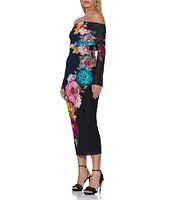 AFRM Cornelia Mesh Floral Print Off-The-Shoulder Neck Long Sleeve Bodycon Midi Dress