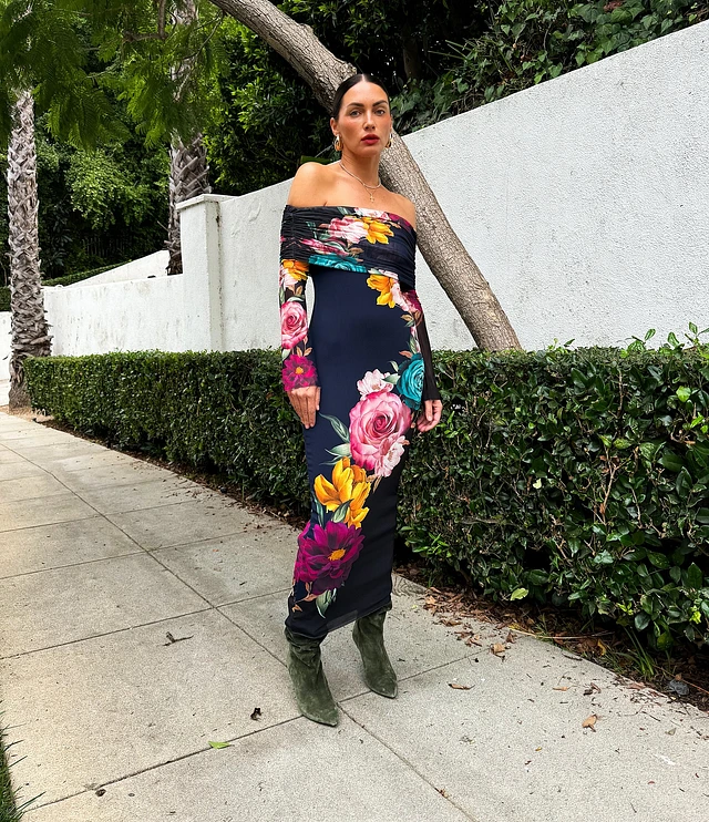 AFRM Cornelia Mesh Floral Print Off-The-Shoulder Neck Long Sleeve Bodycon Midi Dress | Liberty Center AFRM Cornelia Mesh Floral Print Off-The-Shoulder Neck Long Sleeve Bodycon Midi Dress | Liberty Center
