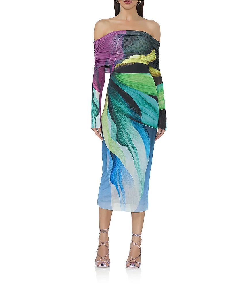 AFRM Cornelia Printed Off the Shoulder Long Sleeve Mesh Midi Dress