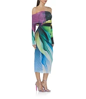 AFRM Cornelia Printed Off the Shoulder Long Sleeve Mesh Midi Dress
