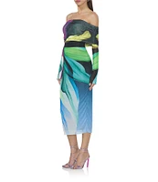 AFRM Cornelia Printed Off the Shoulder Long Sleeve Mesh Midi Dress