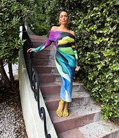 AFRM Cornelia Printed Off the Shoulder Long Sleeve Mesh Midi Dress