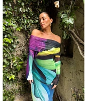 AFRM Cornelia Printed Off the Shoulder Long Sleeve Mesh Midi Dress