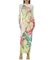 AFRM Didi Butterfly Printed Crewneck Longsleeve Ankle Mesh Maxi Dress