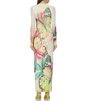 AFRM Didi Butterfly Printed Crewneck Longsleeve Ankle Mesh Maxi Dress