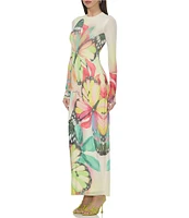 AFRM Didi Butterfly Printed Crewneck Longsleeve Ankle Mesh Maxi Dress