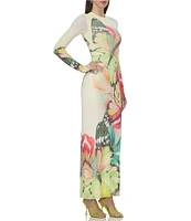 AFRM Didi Butterfly Printed Crewneck Longsleeve Ankle Mesh Maxi Dress
