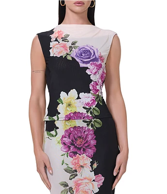 AFRM Eline Mesh Floral Print Cowl Neck Sleeveless Top