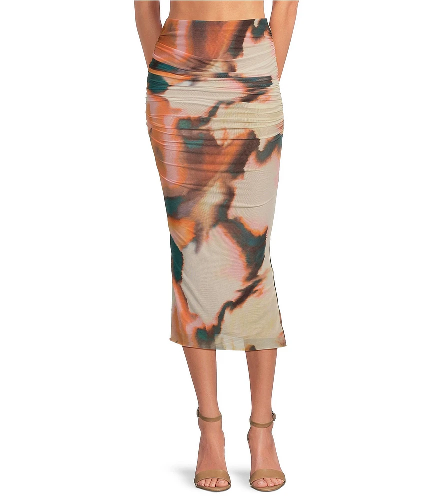 AFRM Ginger Mesh Abstract Print Ruched Pull-On Midi Skirt