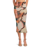 AFRM Ginger Mesh Abstract Print Ruched Pull-On Midi Skirt