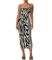 AFRM Hazel Mesh Abstract Zebra Print Square Neck Sleeveless Ruched Midi Dress