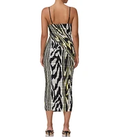 AFRM Hazel Mesh Abstract Zebra Print Square Neck Sleeveless Ruched Midi Dress