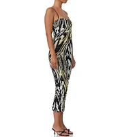 AFRM Hazel Mesh Abstract Zebra Print Square Neck Sleeveless Ruched Midi Dress