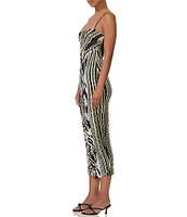 AFRM Hazel Mesh Abstract Zebra Print Square Neck Sleeveless Ruched Midi Dress