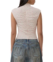AFRM Jolie Dot Print Mesh Knit Ruched Mock Neck Short Sleeve Top