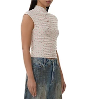 AFRM Jolie Dot Print Mesh Knit Ruched Mock Neck Short Sleeve Top