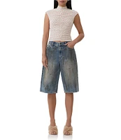 AFRM Jolie Dot Print Mesh Knit Ruched Mock Neck Short Sleeve Top