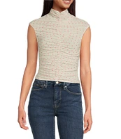 AFRM Jolie Dot Print Mesh Knit Ruched Mock Neck Short Sleeve Top