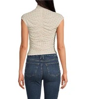 AFRM Jolie Dot Print Mesh Knit Ruched Mock Neck Short Sleeve Top