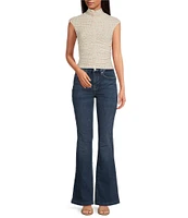 AFRM Jolie Dot Print Mesh Knit Ruched Mock Neck Short Sleeve Top