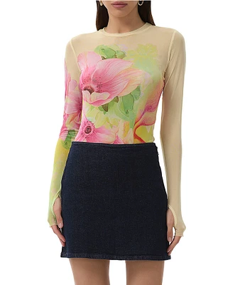 AFRM Kaylee Floral Print Crew Neck Long Sleeve Mesh Top