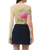 AFRM Kaylee Floral Print Crew Neck Long Sleeve Mesh Top